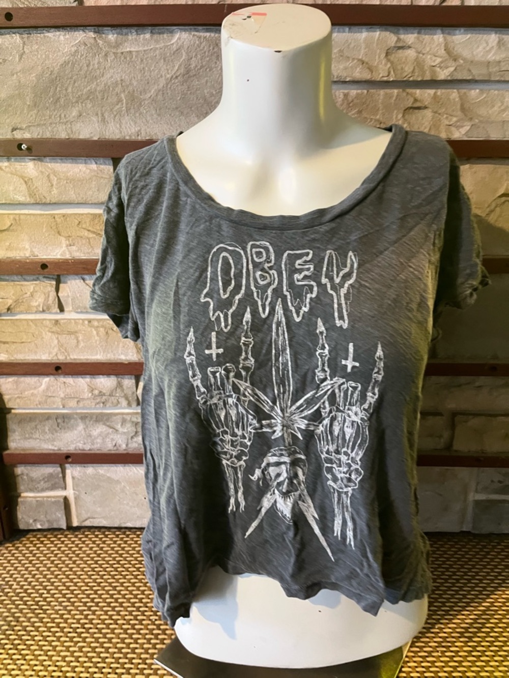 Obey Women's Gray Graphic Tee with Skeleton Hand Print